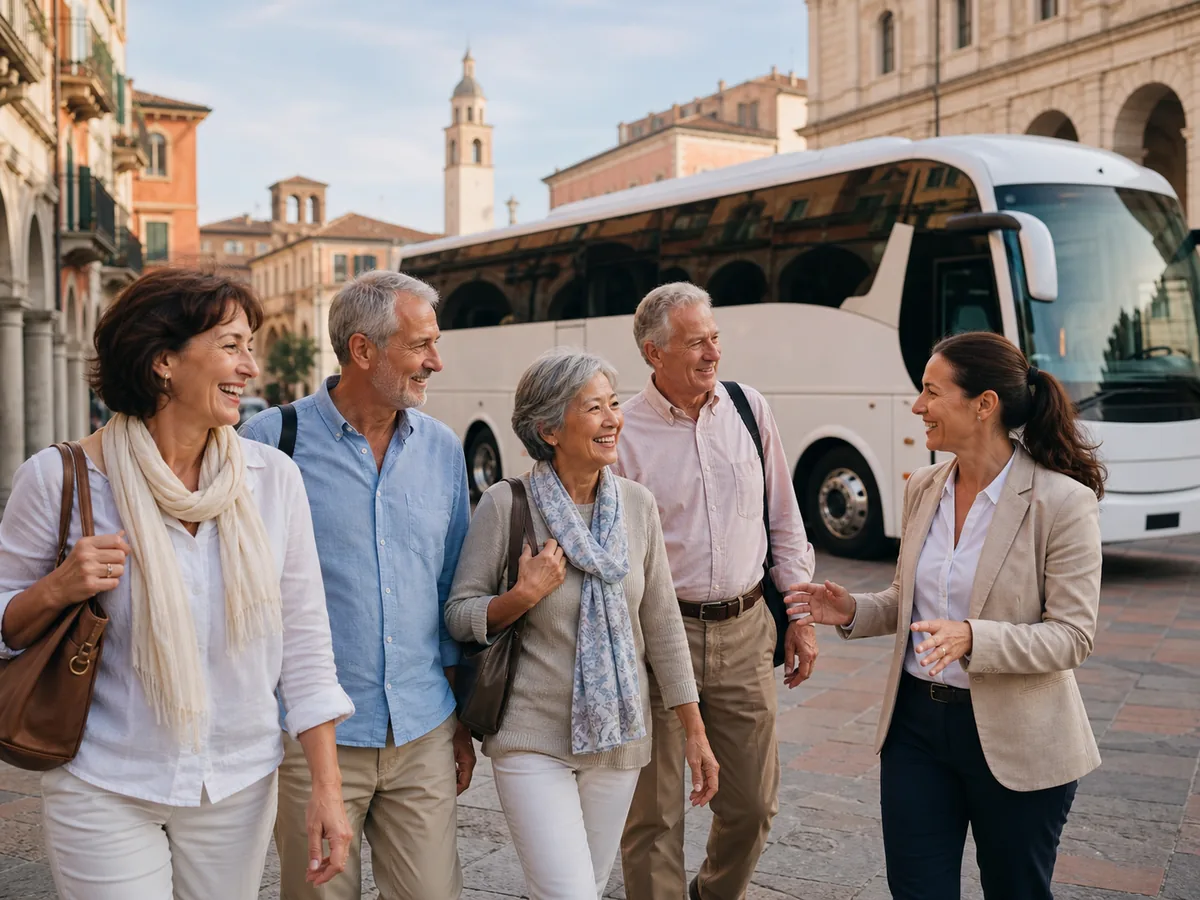 Travellers and a tour director beside a touring coach in an Italian town